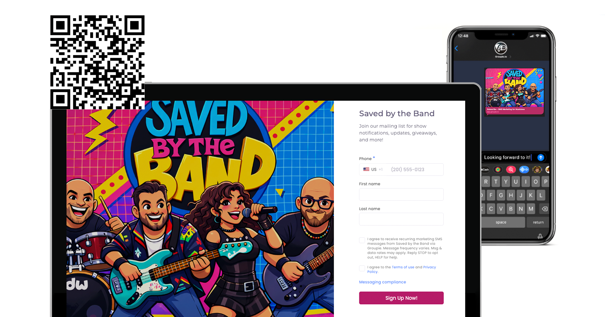 Groupie signup campaign example with QR code, phone preview, and branded fan signup form