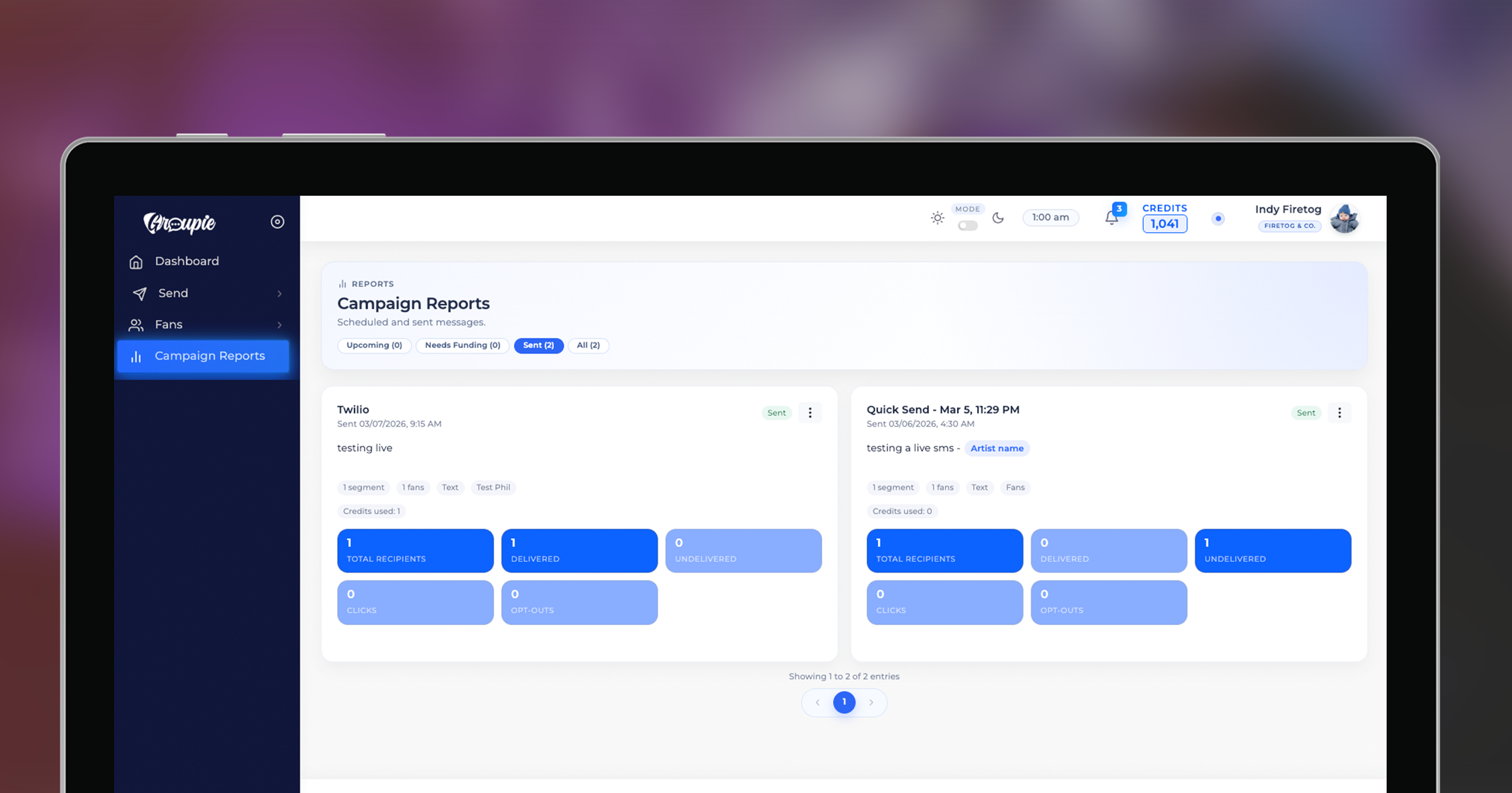 Groupie campaign reports showing deliveries, clicks, and opt-outs