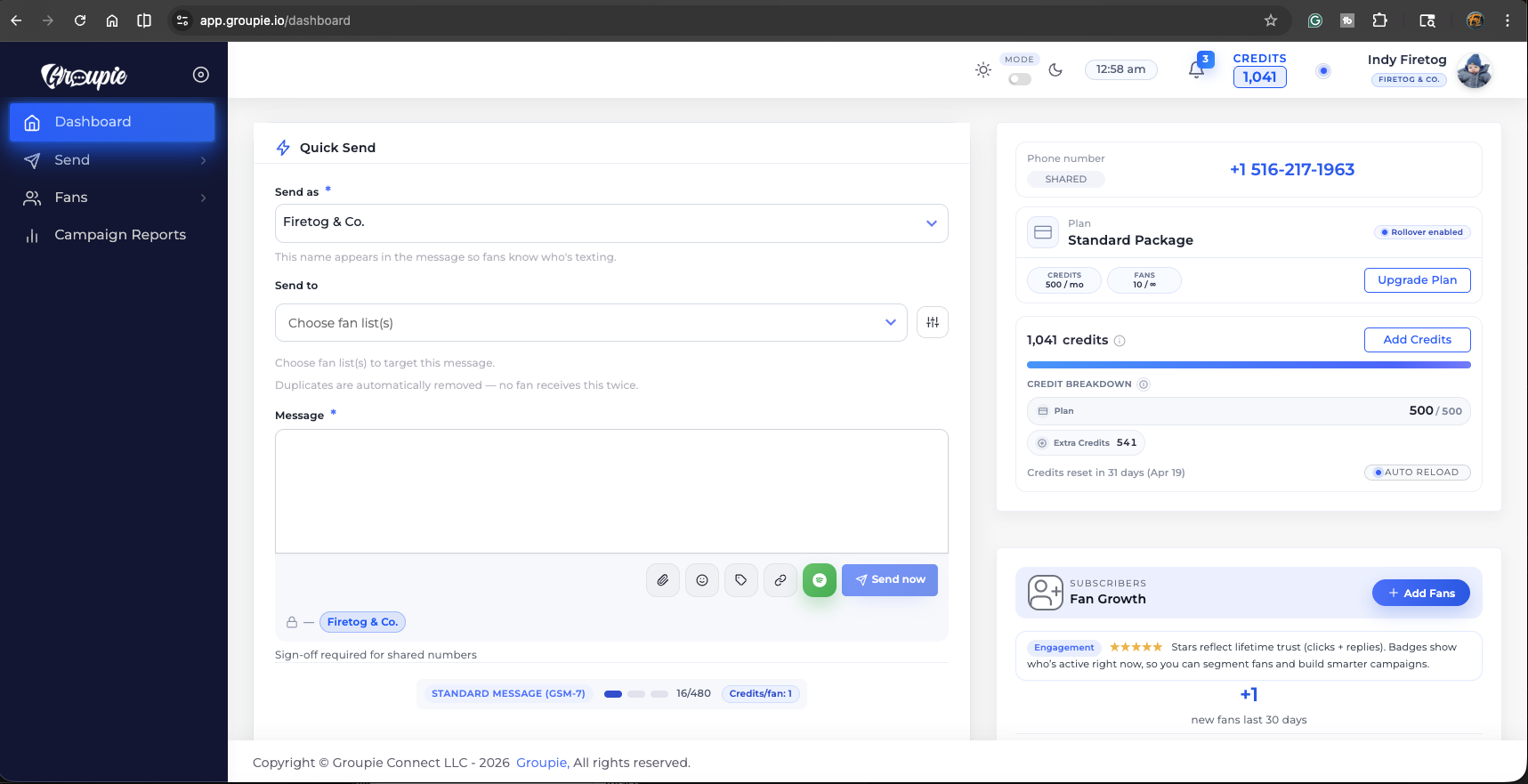 Groupie artist texting dashboard with quick send, credits, and fan growth